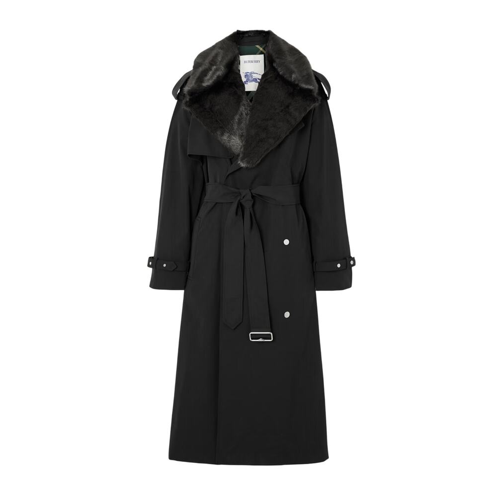 Burberry NWT Kennington Oversized Trench Coat w/Faux Fur Trim in Black Size 12